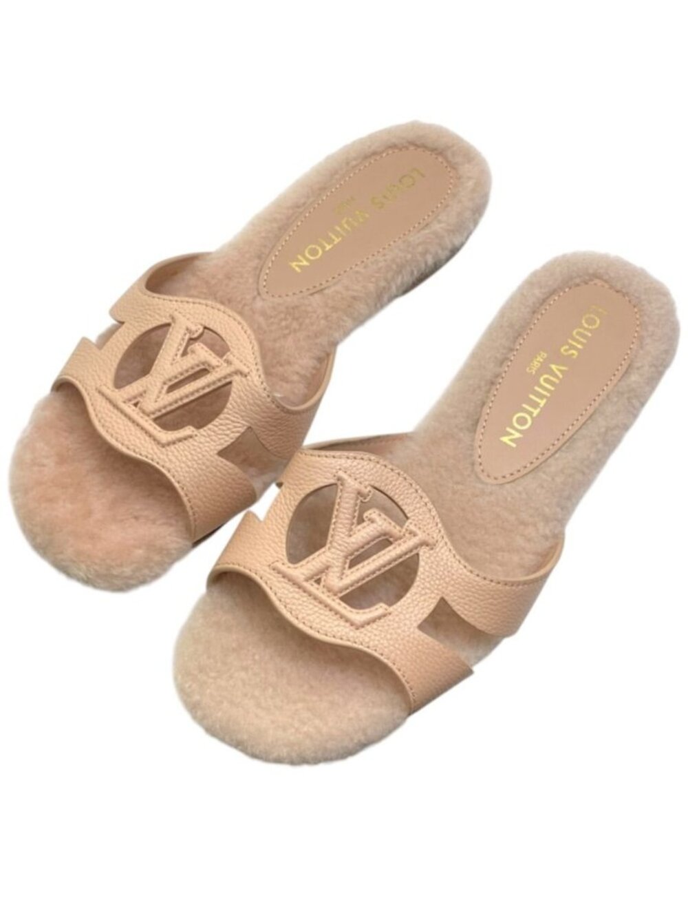 Louis Vuitton Flat Sandals LV Isola Line Mules Leather Shearling Fleece Pink